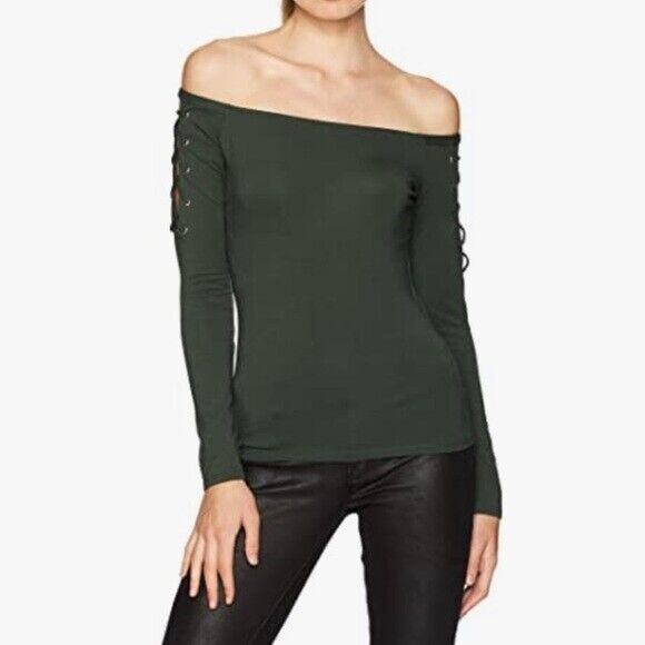 Guess Womens Top Small Forest Green Off Shoulder Lace Up Cut Out Long Sleeve - Picture 1 of 11